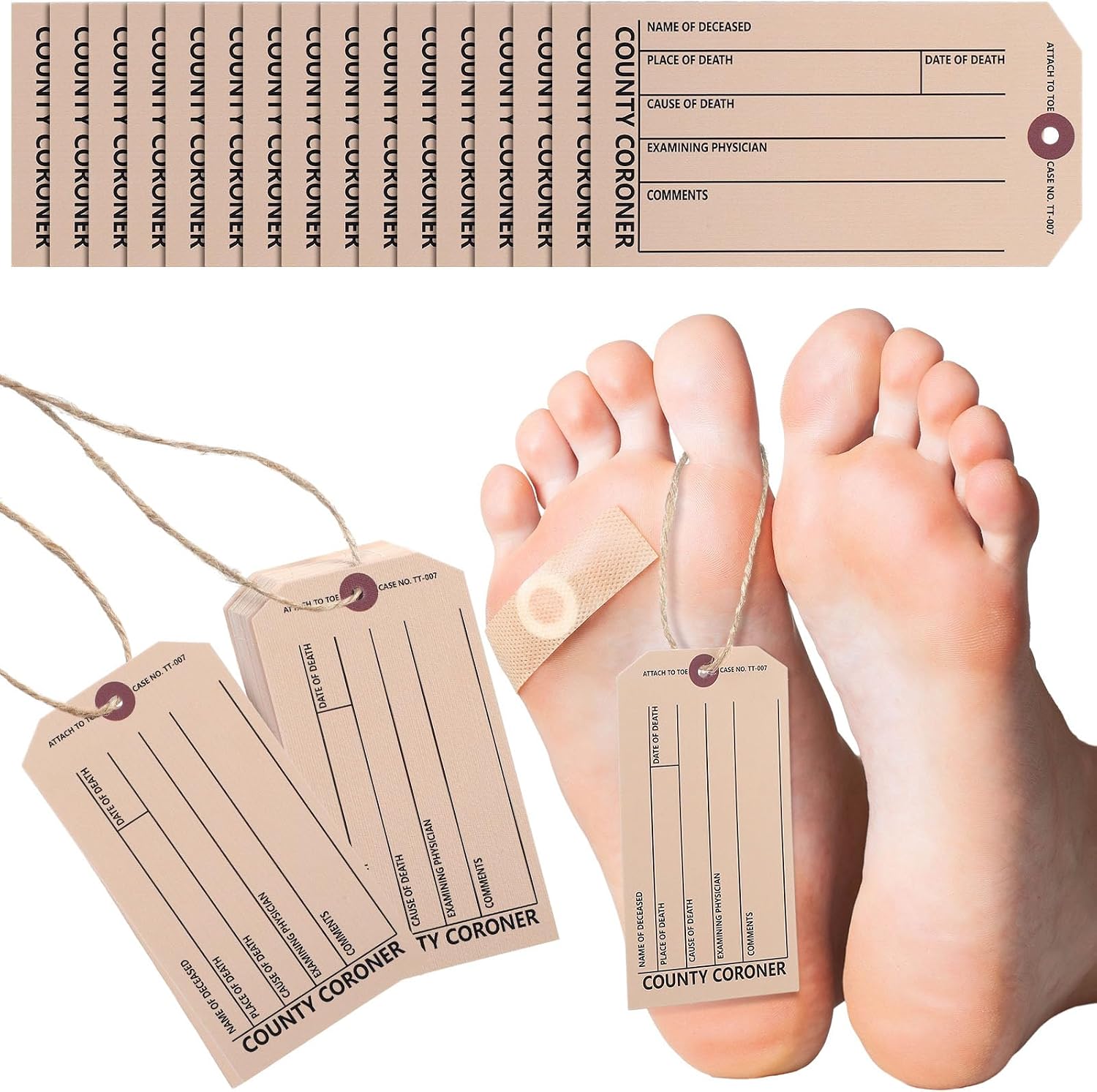 Tenceur 120 Pcs Toe Tags Crime Scene Morgue Toe Tag Halloween Coroner | Toe Tags with String Pre Strung, Coroner and Funeral Toes Identification Tags, Halloween Scene Activities, Haunted House Prop