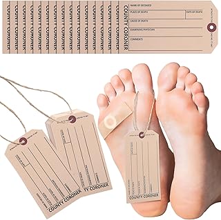 Tenceur 120 Pcs Toe Tags Crime Scene Morgue Toe Tag Pre Strung Coroner and Funeral Toes Identification Tags Holiday Supplies for Halloween Scene Activities