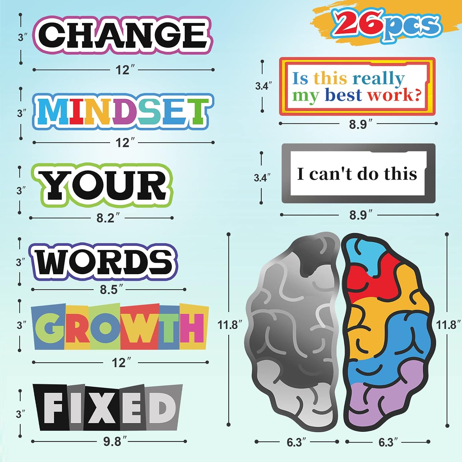 26pcs Growth Mindset Posters for Classroom, Growth Mindset Bulletin Board Set, Inspirational Poster Positive Sayings Motivational Quotes for Teens Students Teachers, Class Decorations School Supplies