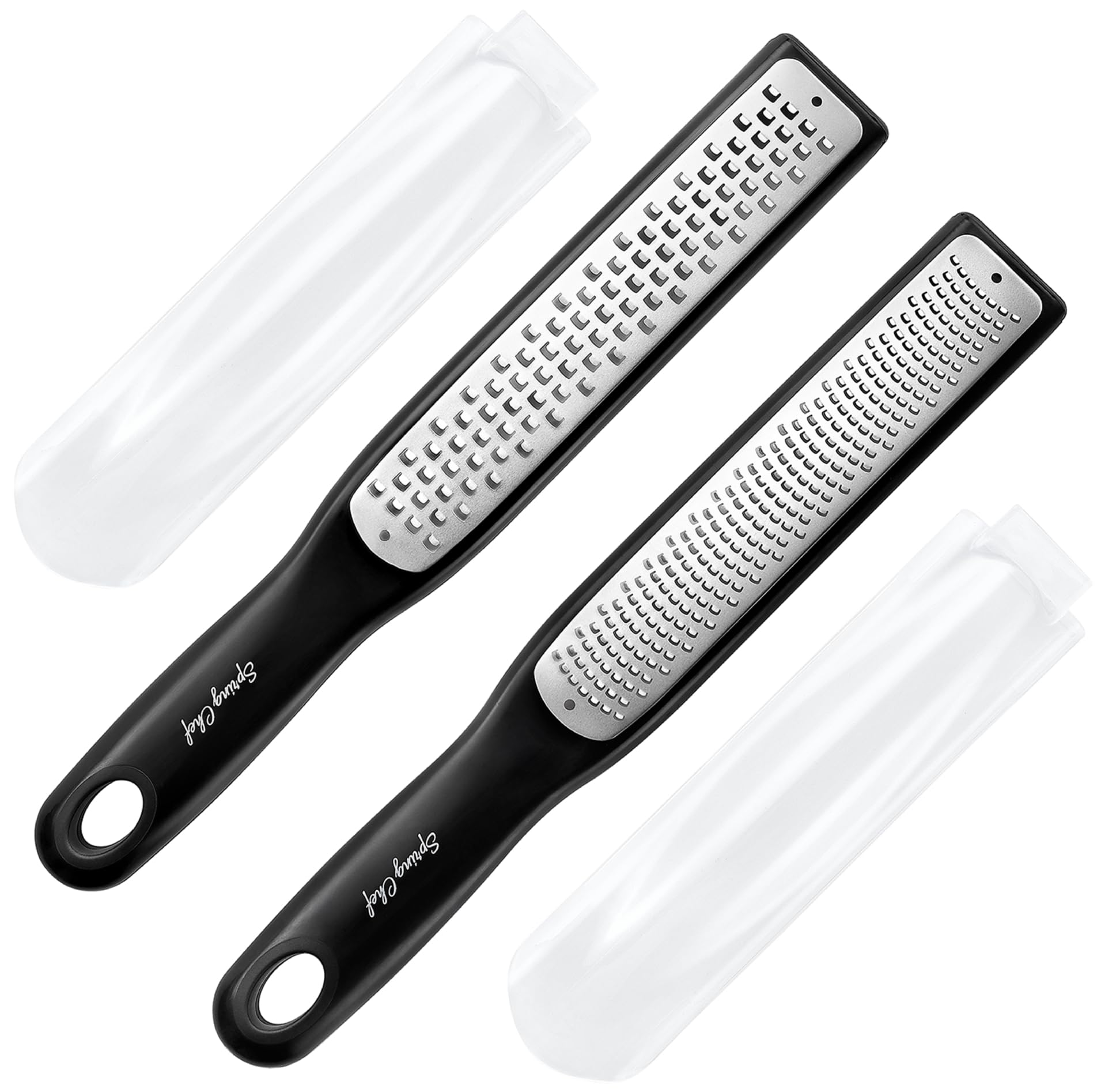 Spring Chef Premium Lemon Zester Grater with Handle - Ginger, Nutmeg, Garlic Grater - Heavy Duty Kitchen Tool - Stainless Steel Citrus Zester with Blade Cover - Fine &amp; Coarse Shred, Set of 2, Black