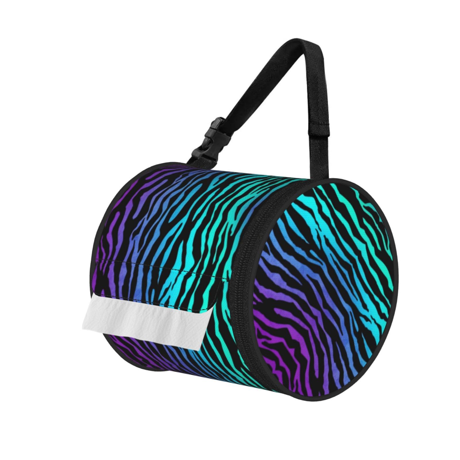Blue Camouflage Zebra Stripes Print Round Paper Tissue Holder With Shoulder Strap, Portable Roll Case For Caravan Travel Use