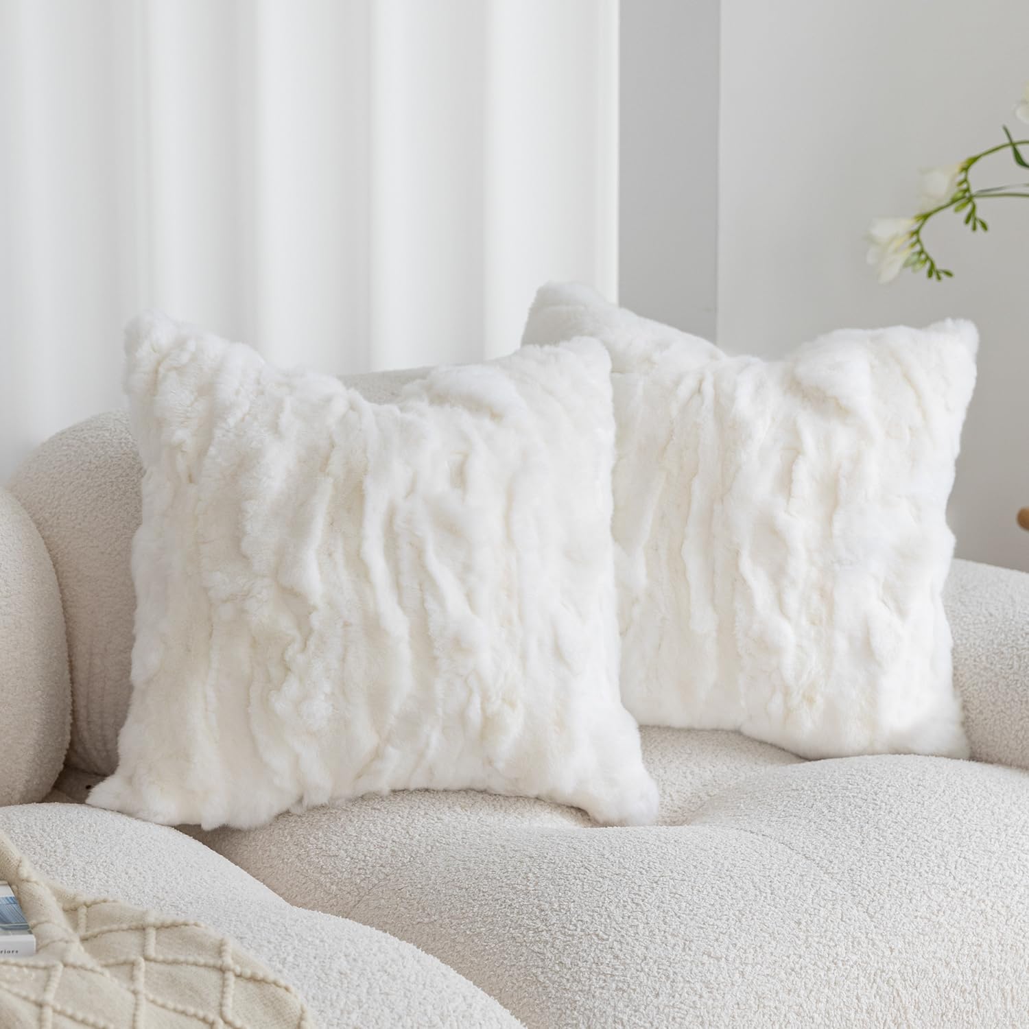 ROSE FEATHER Genuine Rabbit Fur Throw Pillow Covers Set of 2,Luxury Decorative Pillowcases Soft Fluffy Animal Skin Accents Square Cushion Cover for