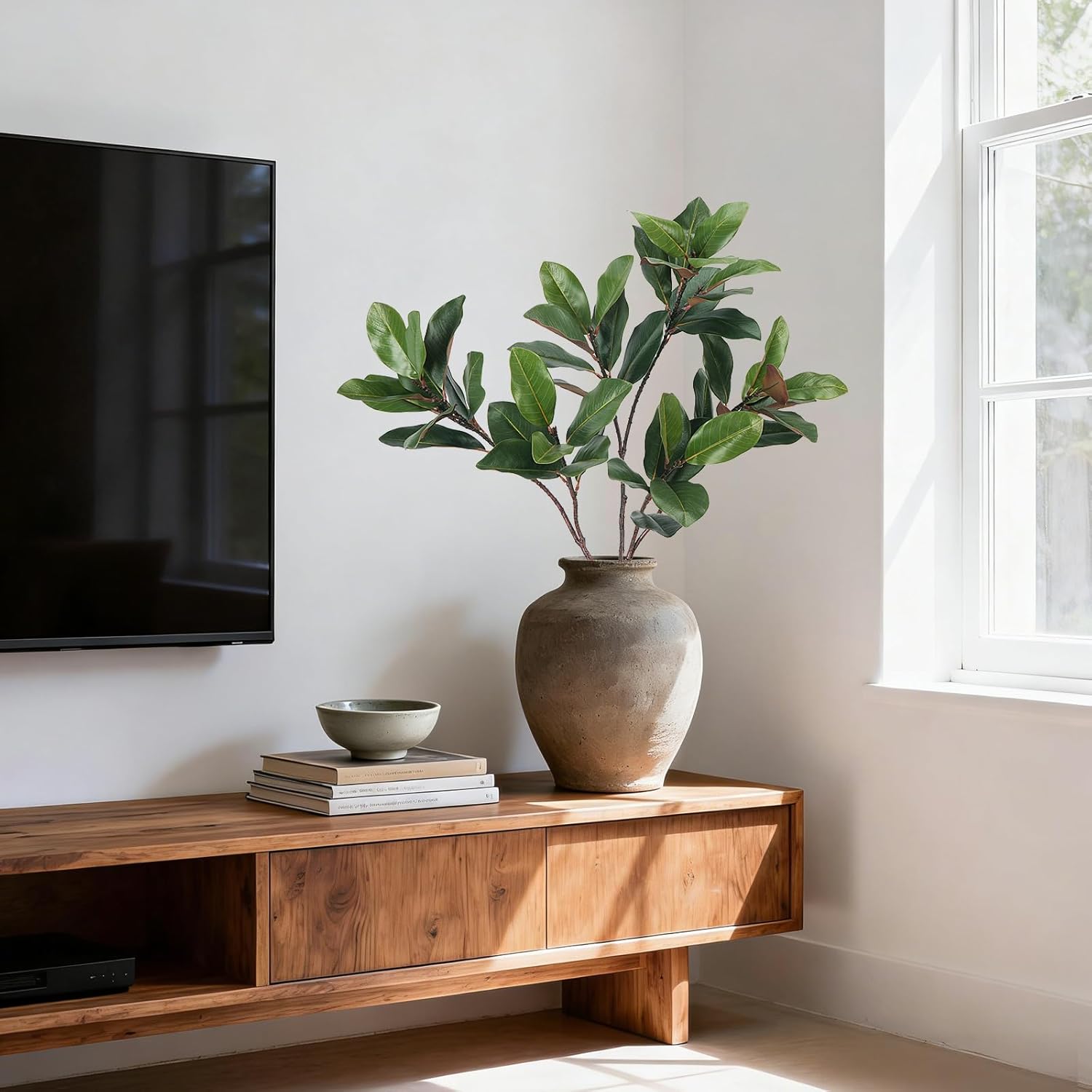 3 PCS 32" Faux Magnolia Stems Branches with 17 Leaves Artificial Greenery Long Stems Realistic Fake Banana Leaves Decorative Plants for Vase Kitchen Office Table Home Decor