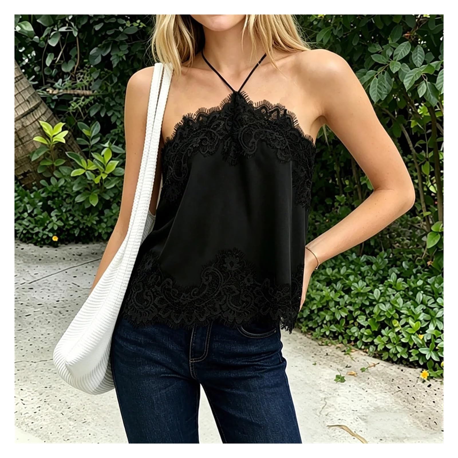 Top da Donna in Raso e Pizzo Gilet da Donna in Pizzo di Raso con Cinturino Spaghetti
