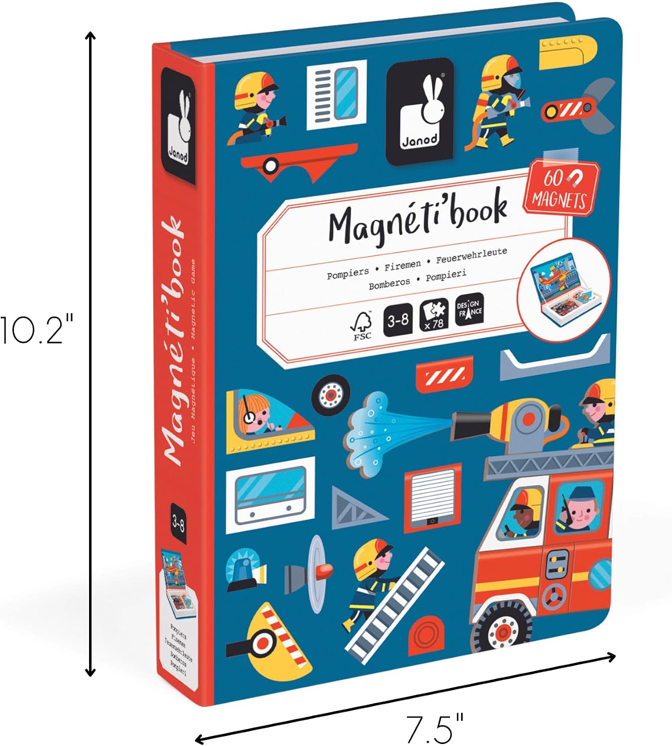 Janod - Magnéti'Book Firefighters - Magnetic Educational Game 60 Magnets + 18 Models - Children's Toy Made of Cardboard - Develops Dexterity and Creativity - Suitable for Ages 3 and Above