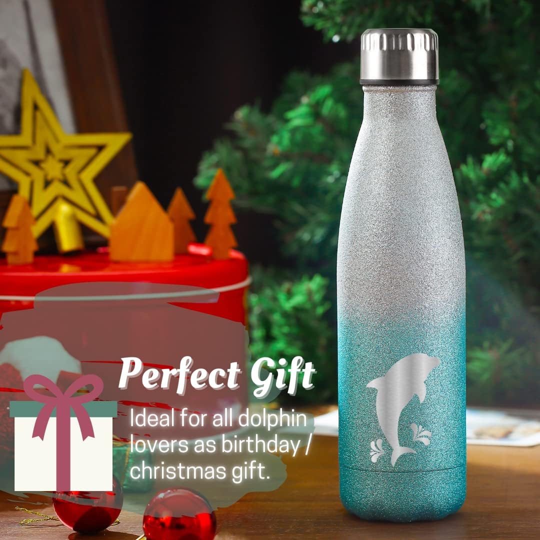 Dolphin Gifts for Women, Dolphin Gifts For Christmas, Stainless Steel Glitter Bottle 17oz, Silver-Blue