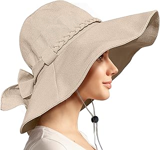 Women's Sun Hat Ultra Wide Brim Bucket Hat UV Protection Summer Hats for Women Comfortable Breathable Foldable Portble with Wind Lanyard Sun Hat for Travel Beach Gardening Work Khaki