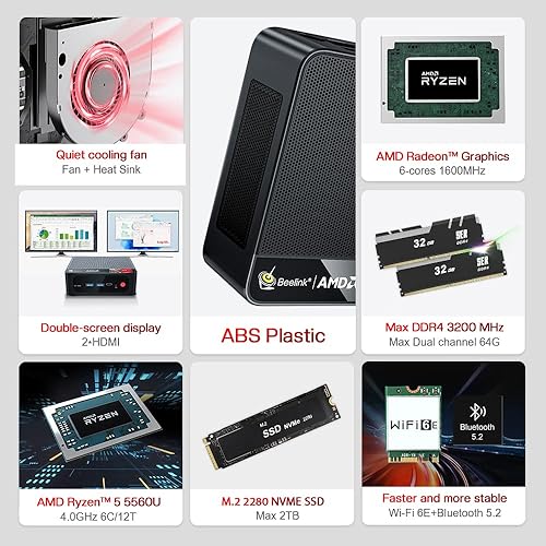 Miniatura 3 de Beelink SER5 Mini PC W11 Pro, AMD Ryzen 5 5560U (6C12T hasta 4 GHz), 8 GB DDR4 500 GB NVME SSD Graphics 7 core 1800 MHz WiFi 6BT5.2triple pantalla