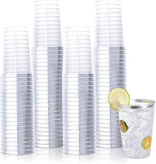 150 Pack 12oz Silver Rimmed Plastic Cups, Reusable Clear Plastic Cups, Disposable Heavy Duty Plastic Cups Perfect For Wedd...