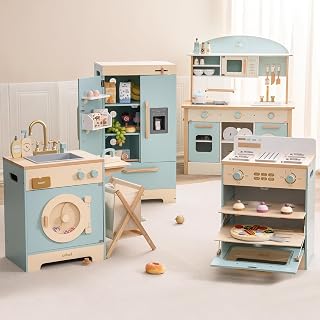 ROBOTIME Wooden Toddler Play Kitchen Playset with Oven, Fridge & Washing Machine - Imaginative Toy for Kids 3+