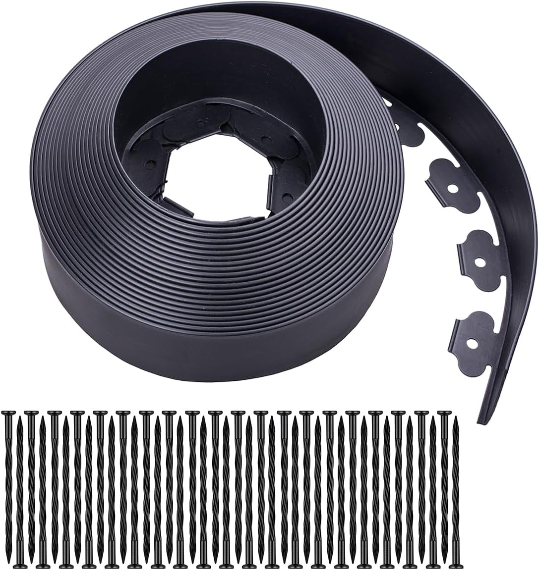 Garden Edging，110ft Landscape Edging with 240 Spikes for Lawn 4 Inch Tall (110FT, Black)