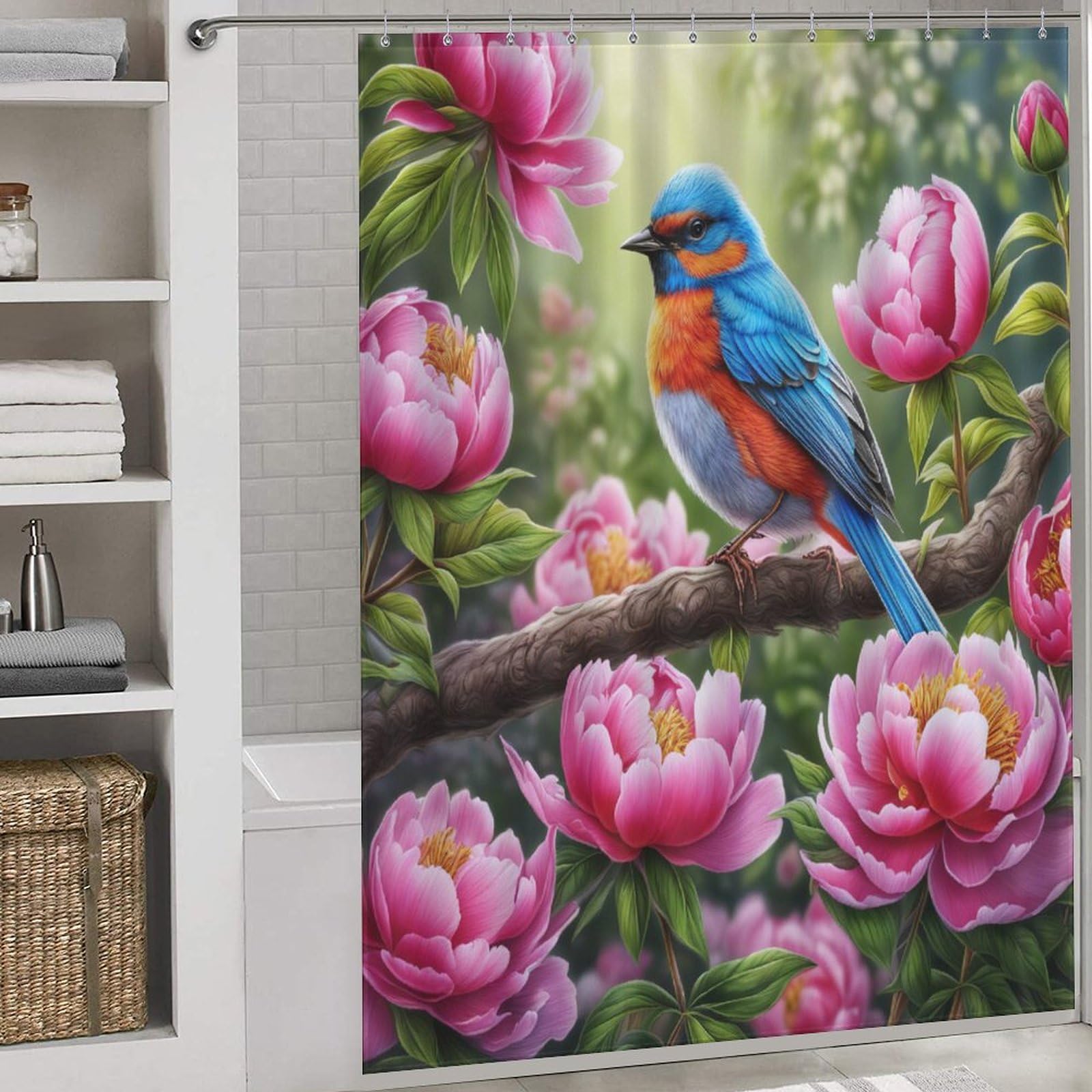 Rideau de douche oiseau mignon en tissu polyester lavable 168x183cm