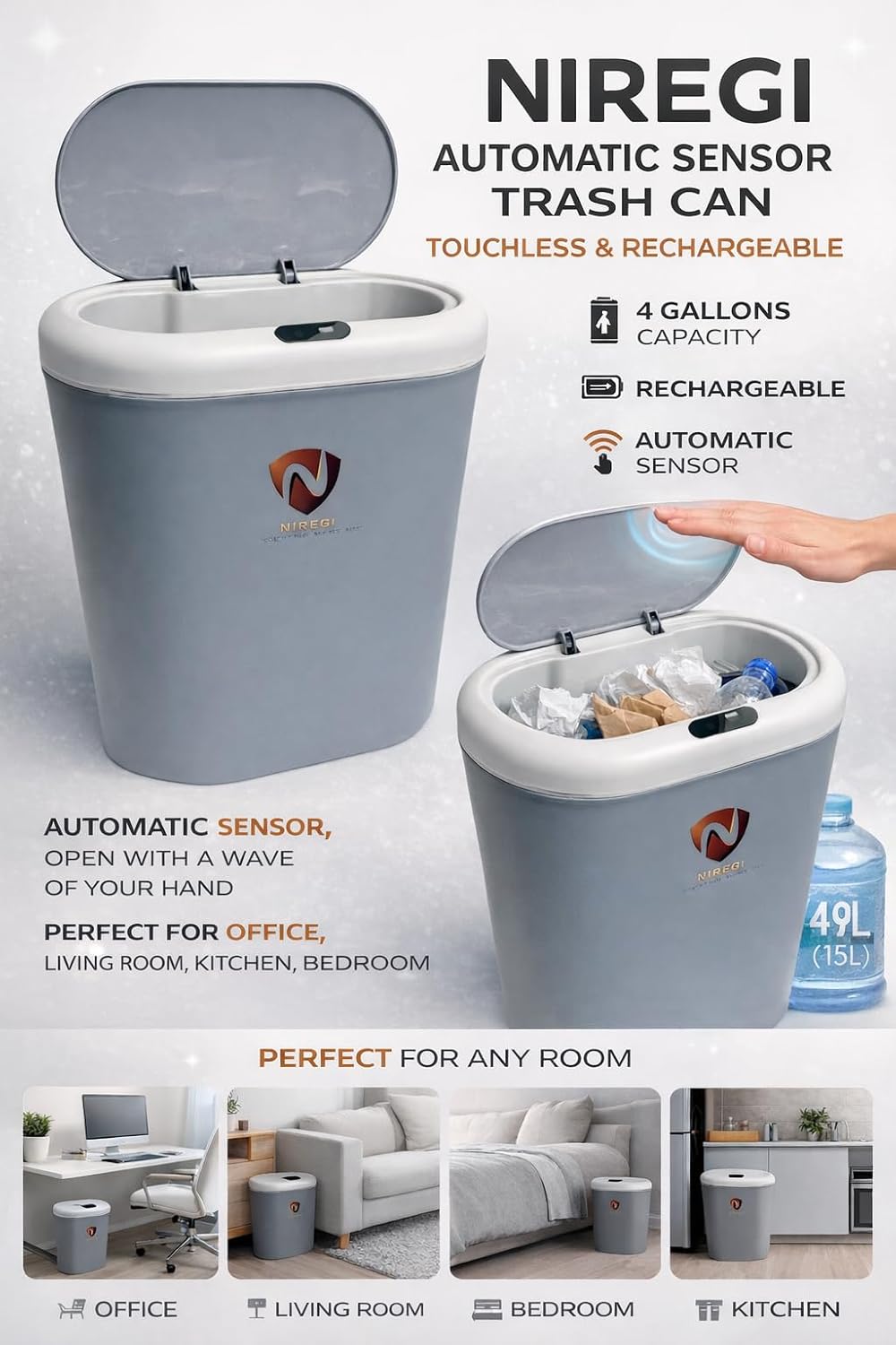 NIREGI Smart Sensor Trash Can – 4 Gallon Touchless Automatic Garbage Bin (Gris)