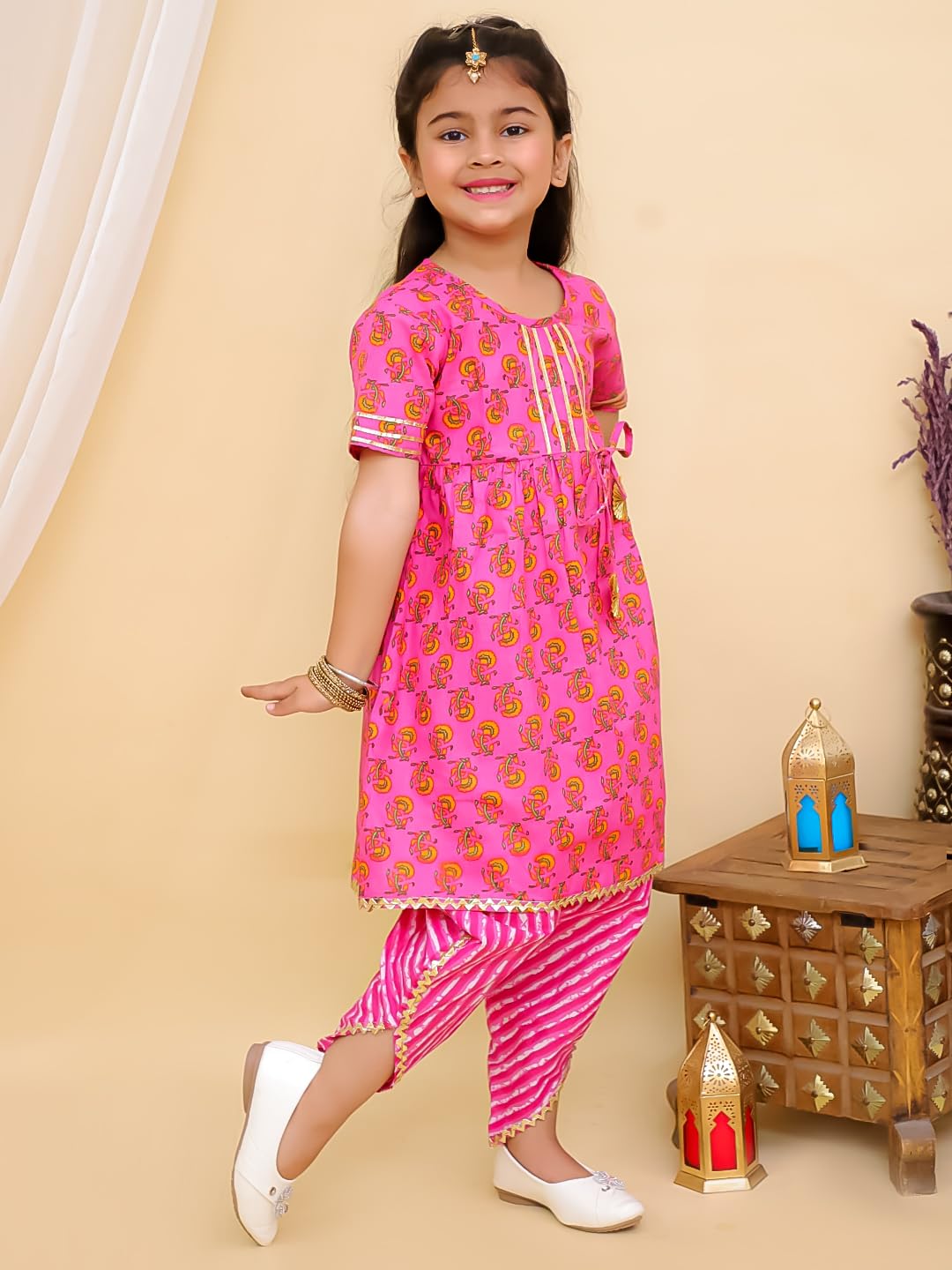 superminis Cotton Blend Baby Girls Printed Frock Style Kurta Set With Dhoti Style Salwar Ethnic Dress (Pink, 18-24 Months) 1