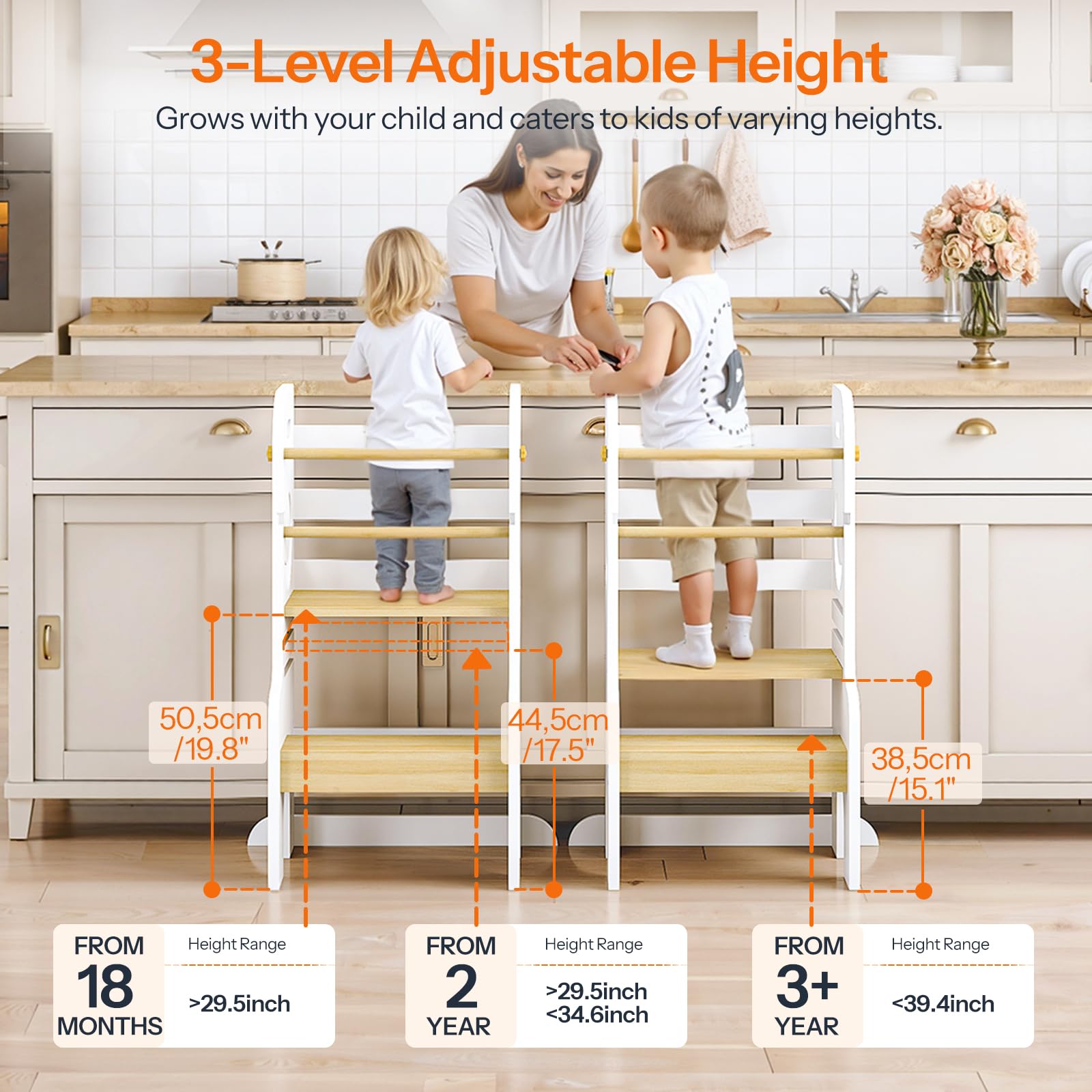 HOOBRO Lernstuhl für Kinder, Kinderhocker, Kinder Lerntower, Höhenverstellbar, Kinderschemel für Küche Badezimmer, Weiß und Naturfarbe EWN90JD01