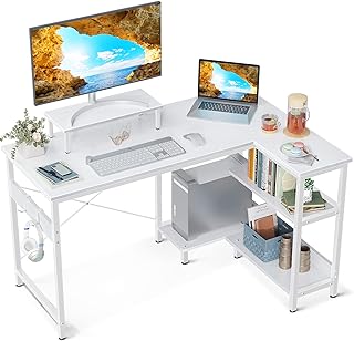 ODK Small L Shaped White Computer Desk with Reversible Storage Shelves, 40 Inch L-Shaped Corner Desk with Monitor Stand for Small Space, Modern Simple Writing Table for Home Office Workstation, White