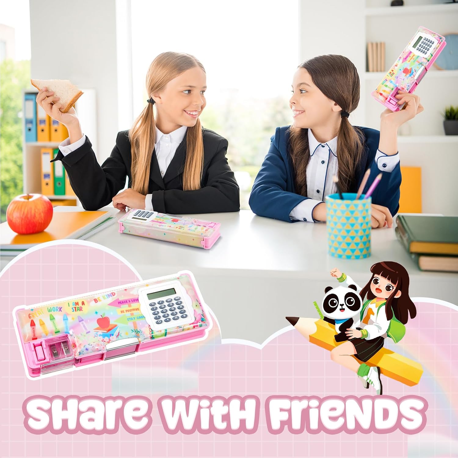 Henoyso Multifunctional Pencil Box for Girls Pink Inspirational Pencil Case with Calculator and Sharpener Cute Pencilcase School Supplies Essentials Christmas Birthday Gift Present for Kids Teens