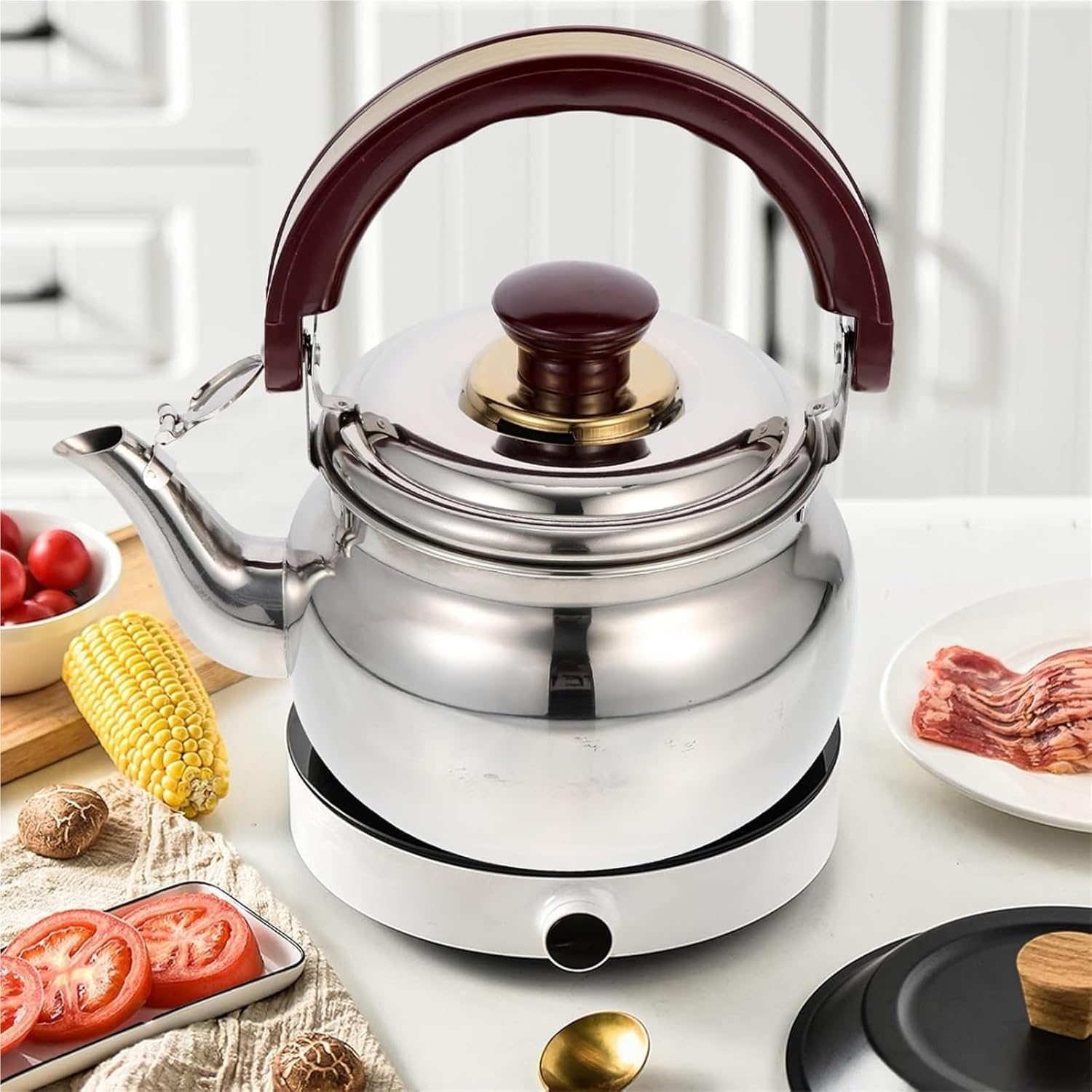 Hervidor de té de 0,6 L ergonómico con mango plegable para estufa, hervidor rápido para té, café, leche, diseño compacto y portátil