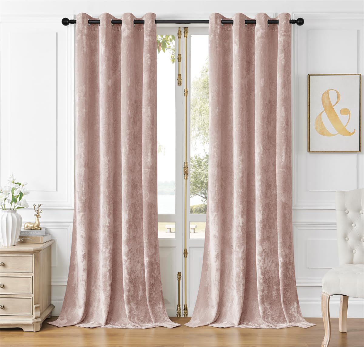 SMILETIME Pink Crushed Velvet Curtains 52x96 inch Luxurious Thermal Insulated Soundproof Drapes for Living Room Bedroom Office Soft and Durable Light-Filtering Window Treatments, 2 Panels