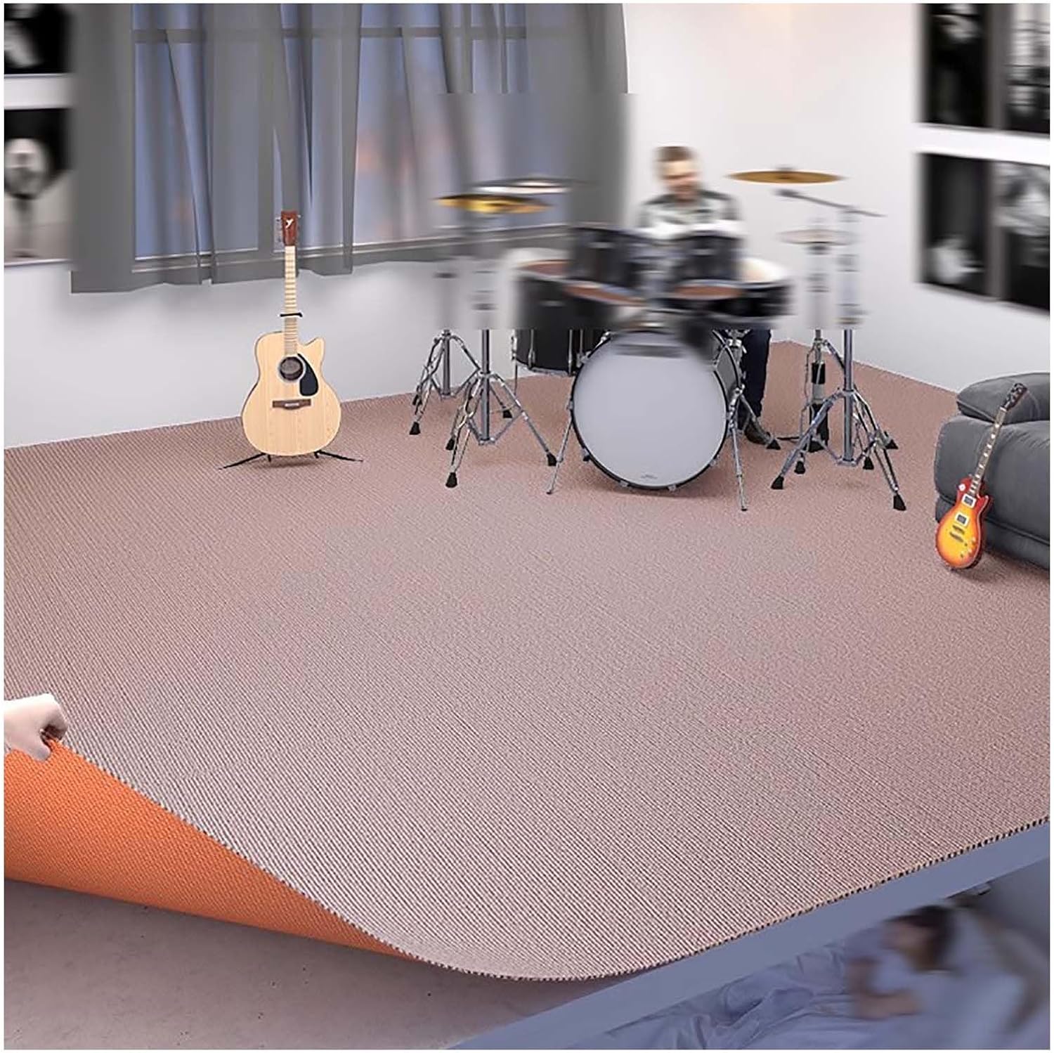 Thickened Soundproof Floor Mat, Shock-Absorbing Drum Set Piano Indoor Non-Slip Carpet(Beige Brown,100x100cm/39.4x39.4in)