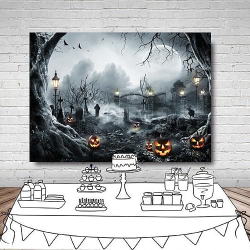 Miniatura 4 de LYWYGG Telón de fondo de Halloween de 7 x 5 pies para fotografía, fondo de noche de terror, telón de fondo de luna de calabaza aterradora para