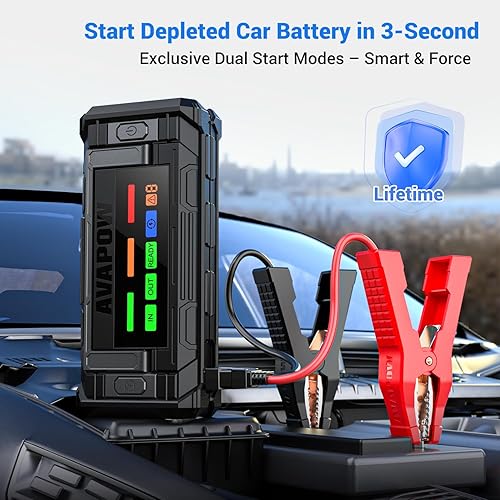 Miniatura 2 de AVAPOW Arrancador de batería de 8000 A portátil con pantalla HD de 4 pulgadas, PD de 30 W, carga rápida de doble vía y batería de automóvil AVAPOW