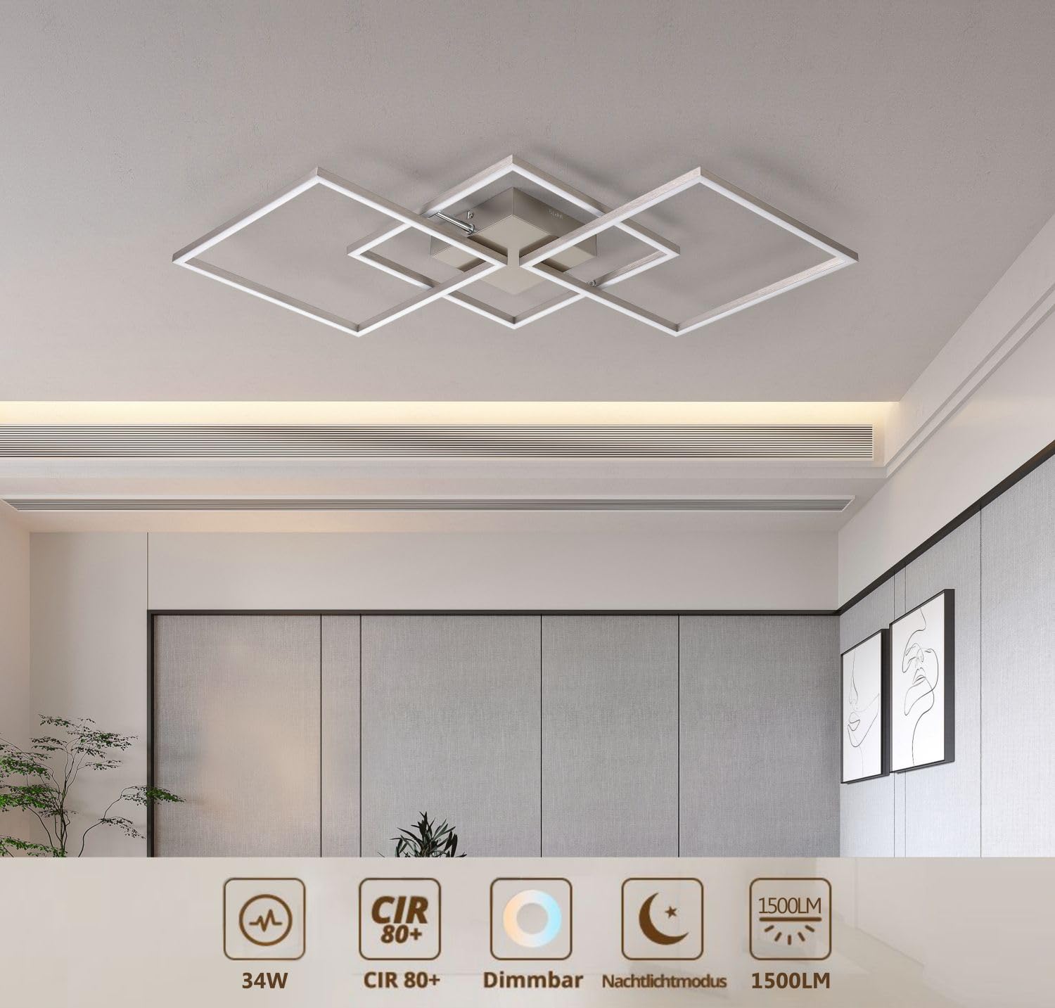 IMPTS LED Deckenleuchte Dimmbar Deckenlampe mit Fernbedienung Modern Wohnzimmerlampe Flurlampe 34W Metall Eckig Deckenbeleuchtung für Wohnzimmer Küche Schlafzimmer Flur Balkon