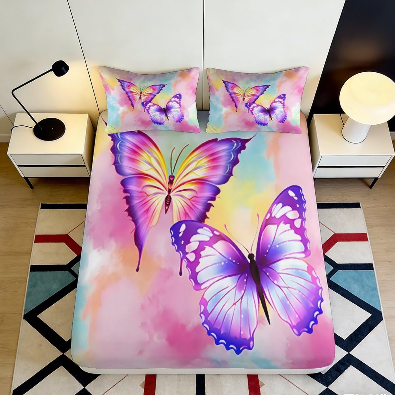 3D Printed Purple Butterfly Fitted Sheet Microfiber Soft Breathable Pastel Colors Bed Cover for Bedroom Dormitory Guest Room Mattress Protection Decor 200x200x25cm