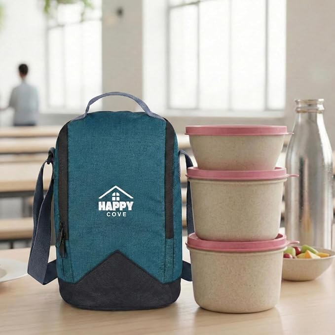 Happy Cove Eco Friendly Lunch Box for Office Use, Made of Wheat Straw and Rice Husk, 3 Microwave Safe Pink Containers, Tiffin Box for Men with Lunch Bag, Microwave Safe, Oven Safe, Unbreakable