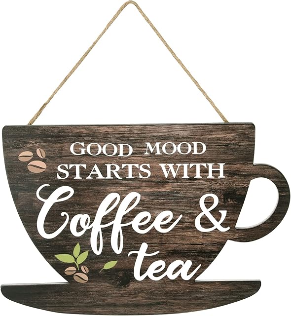 AUXSOUL Wooden Coffee Sign Good Moon Starts with Coffee & Tea Hanging Plaque Coffee Sign Farmhouse Decorative for Kitchen Bar Decor Coffee Lover