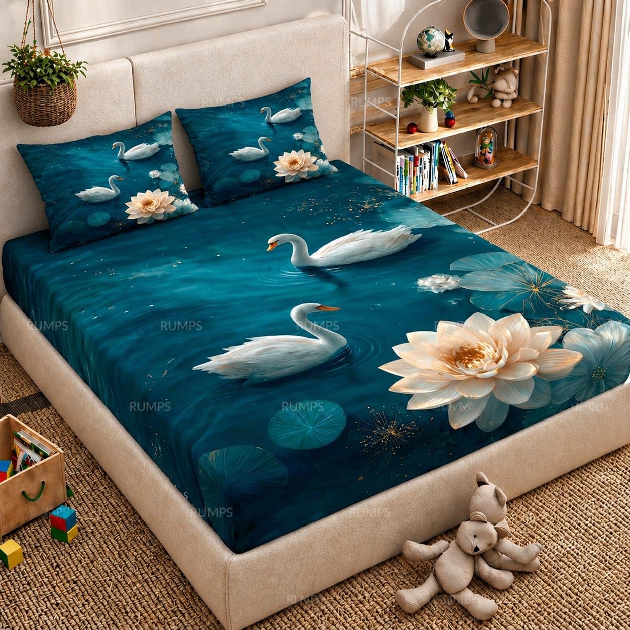RUMPS 7D Digital Print Flat Double Bedsheet for Bedroom – 90x100 Inches Luxury King Size Bed Sheet with 2 Matching Pillow Covers, Swan and Lotus Theme