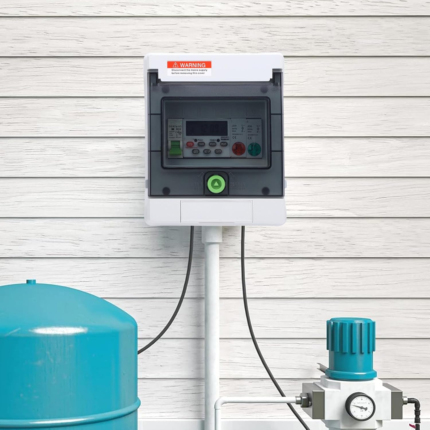 Luqeeg Digital Timer Switch installed on an outdoor wall next to a water tank