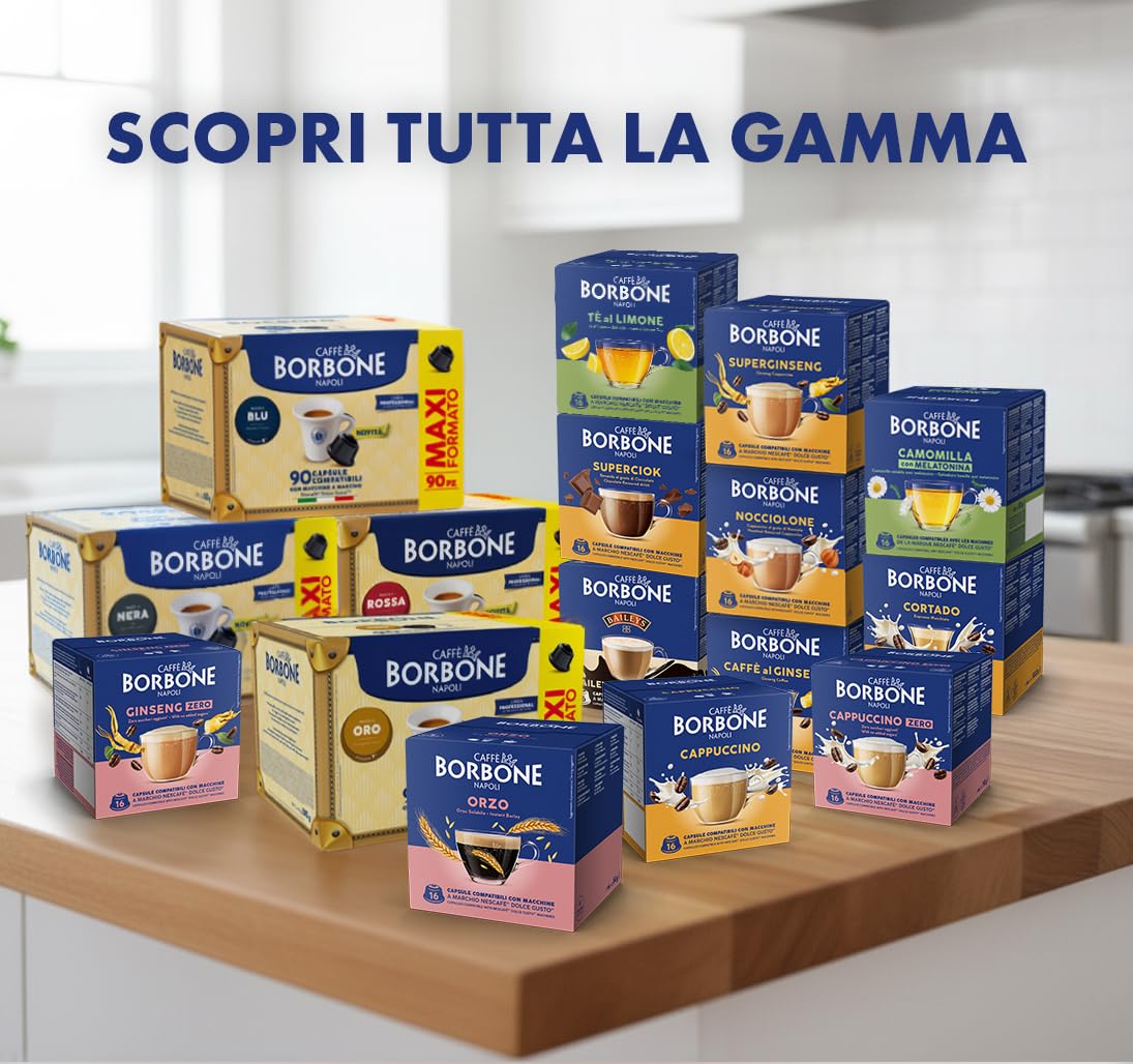 CAFFÈ BORBONE 154 cápsulas compatibles con las máquinas de la marca Nescafé® Dolce Gusto® - Kit surtido: 90 cápsulas de mezcla azul para espresso + 64 de avena soluble (4 paquetes de 16)