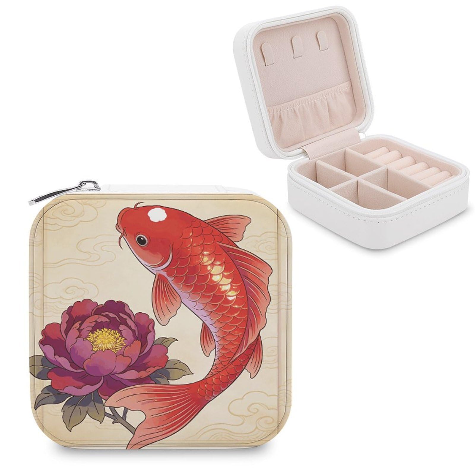 LZQPOEAS Koi Carp Bring Spring Jewelry Box, PU Patterned Storage Case, Portable Travel Jewelry Organizer Box for Storing Rings, Pendants, Earrings, Necklaces, And Women's Specialized