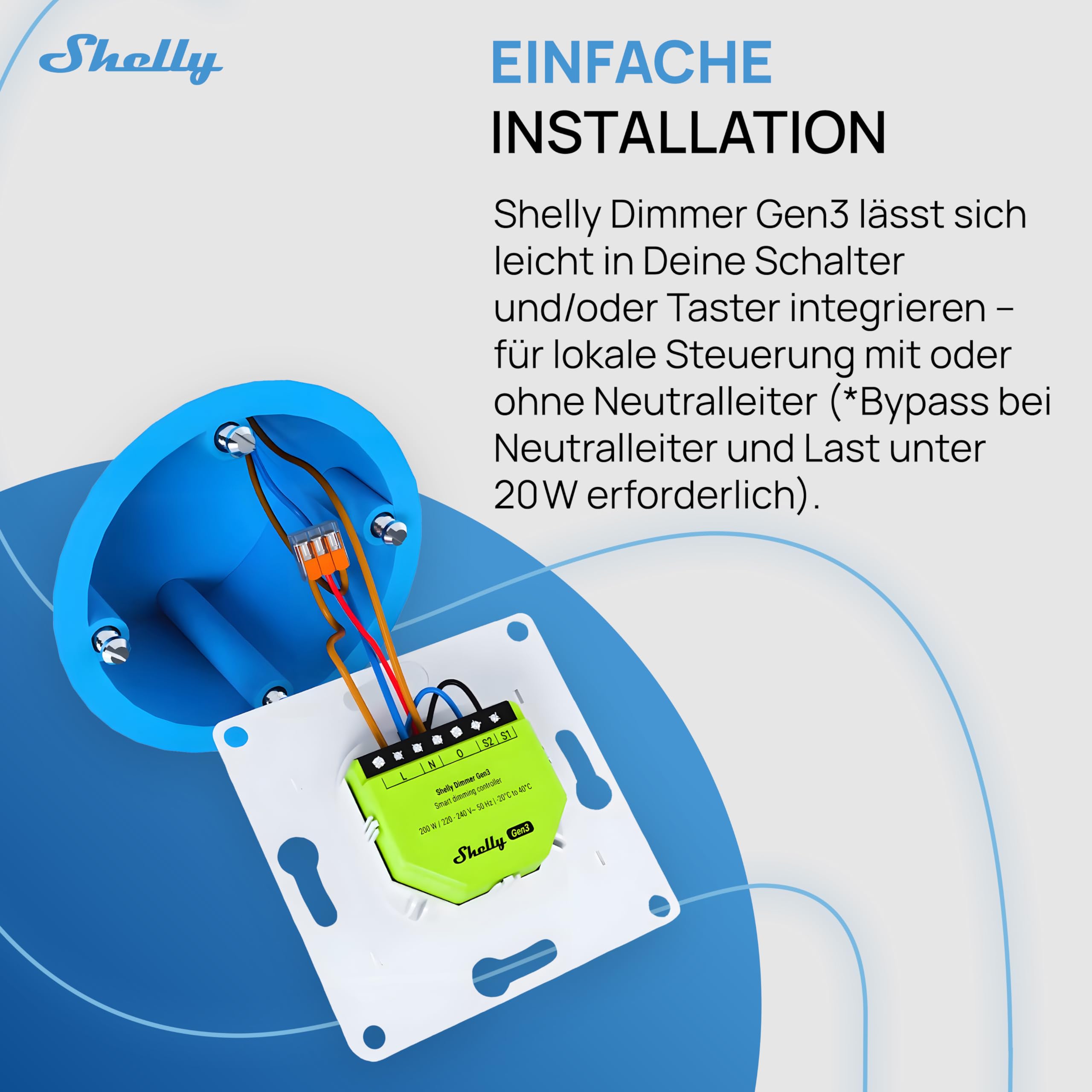 Shelly Dimmer Gen3 - WLAN Smart Dimmer, Hausautomation, Dimmbare Lichter, LED-Streifen, Kein Neutralleiter Еrforderlich, Smarte Zeitpläne, Kein Hub Еrforderlich, iOS & Android, Alexa & Google