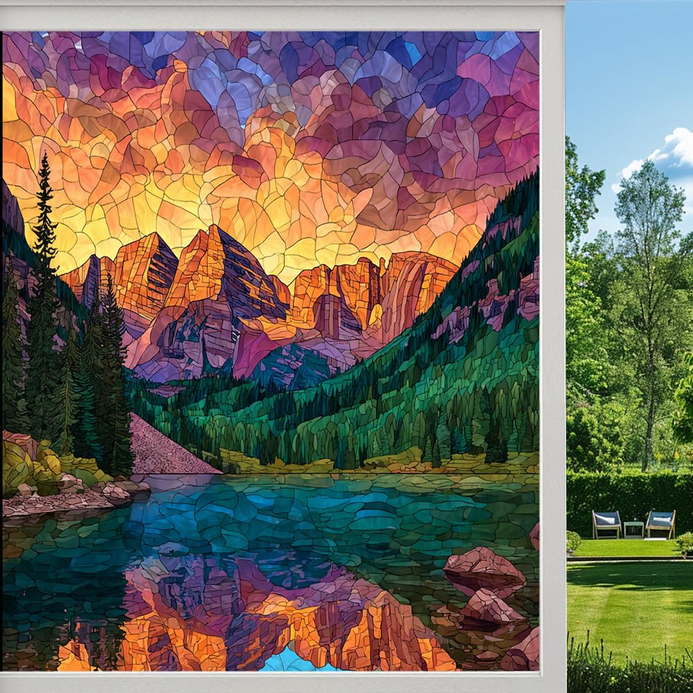 Lake Scenery Privacy Window Film, Sunset Mountain Lake Vintage Frosted Self-Adhesive Vinyl Cling for Glass Doors Bathroom Windows Sun Blocking Heat Control, （55x80cm）