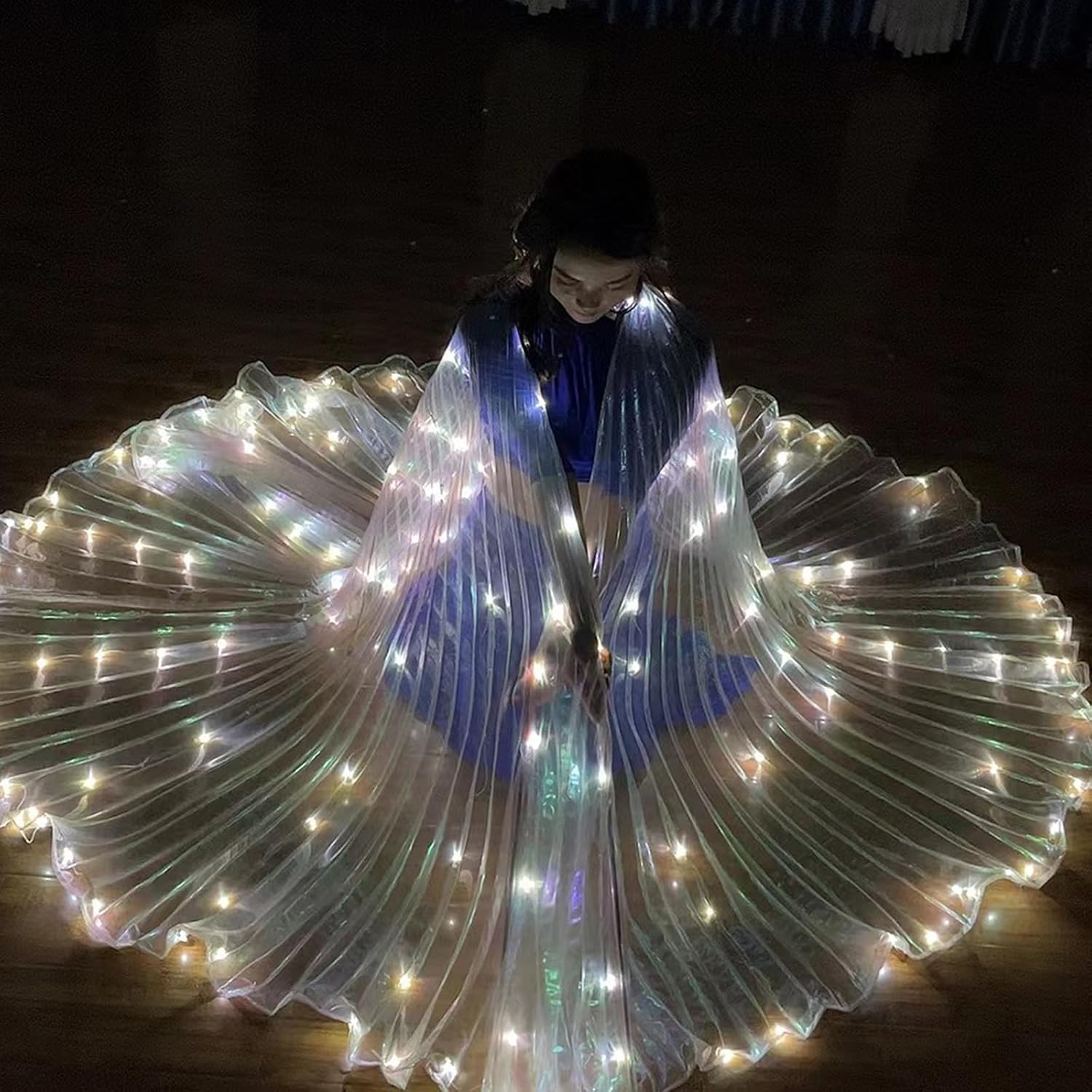 Ailes LED Isis, ailes pour danse du ventre avec ailes de papillon LED colorées et bâtons télescopiques lumineux - Costume de performance pour carnaval, scène, Halloween, Noël, fête (Adulte, Blanc