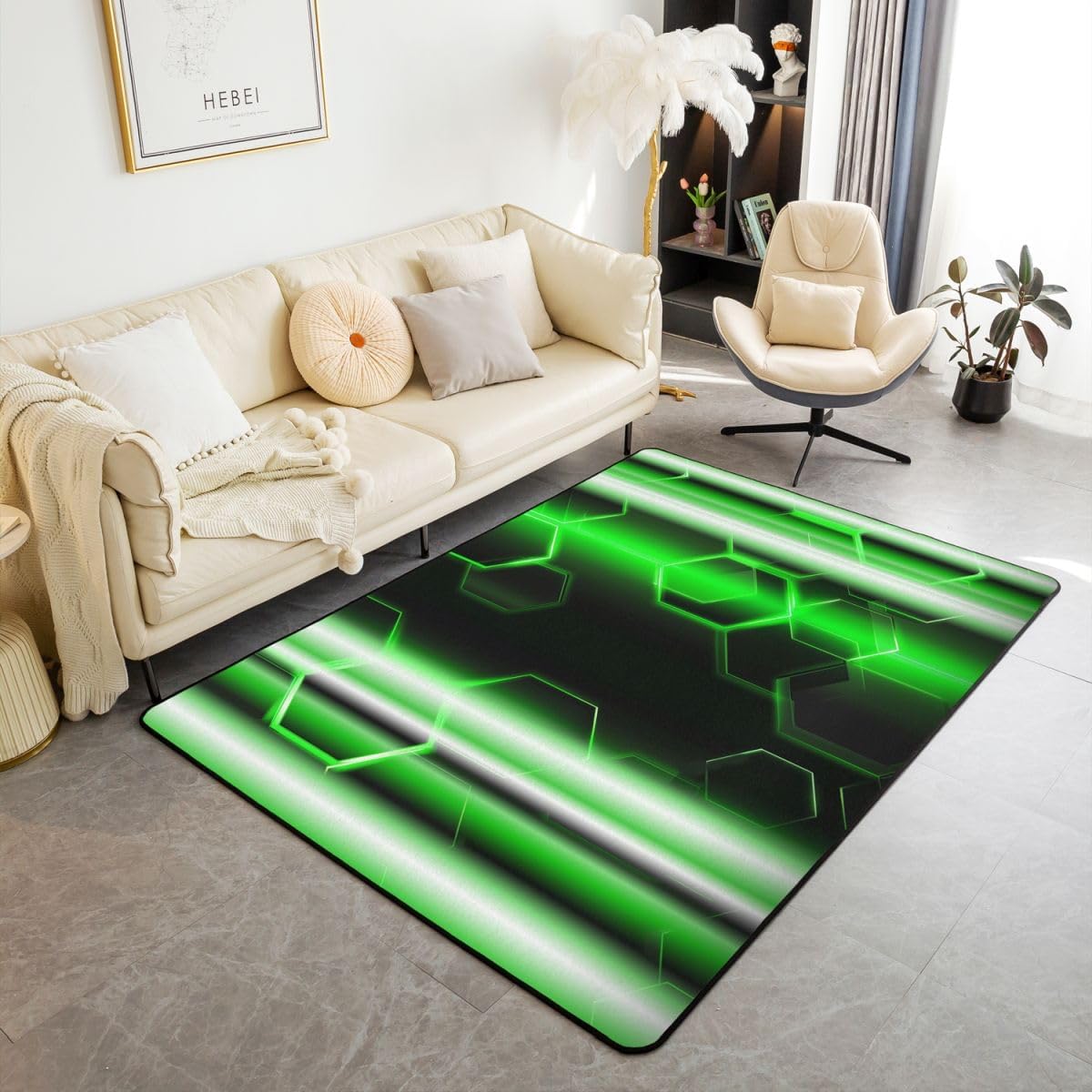 jejeloiu Honeycomb Area Rug 5x7 for Girls Boys Kids Modern Hexagon Theme Green Decorative Rug Set Strip Lines Rugs for Living Room Bedroom Modern Gradient Black Green Indoor Floor Mat