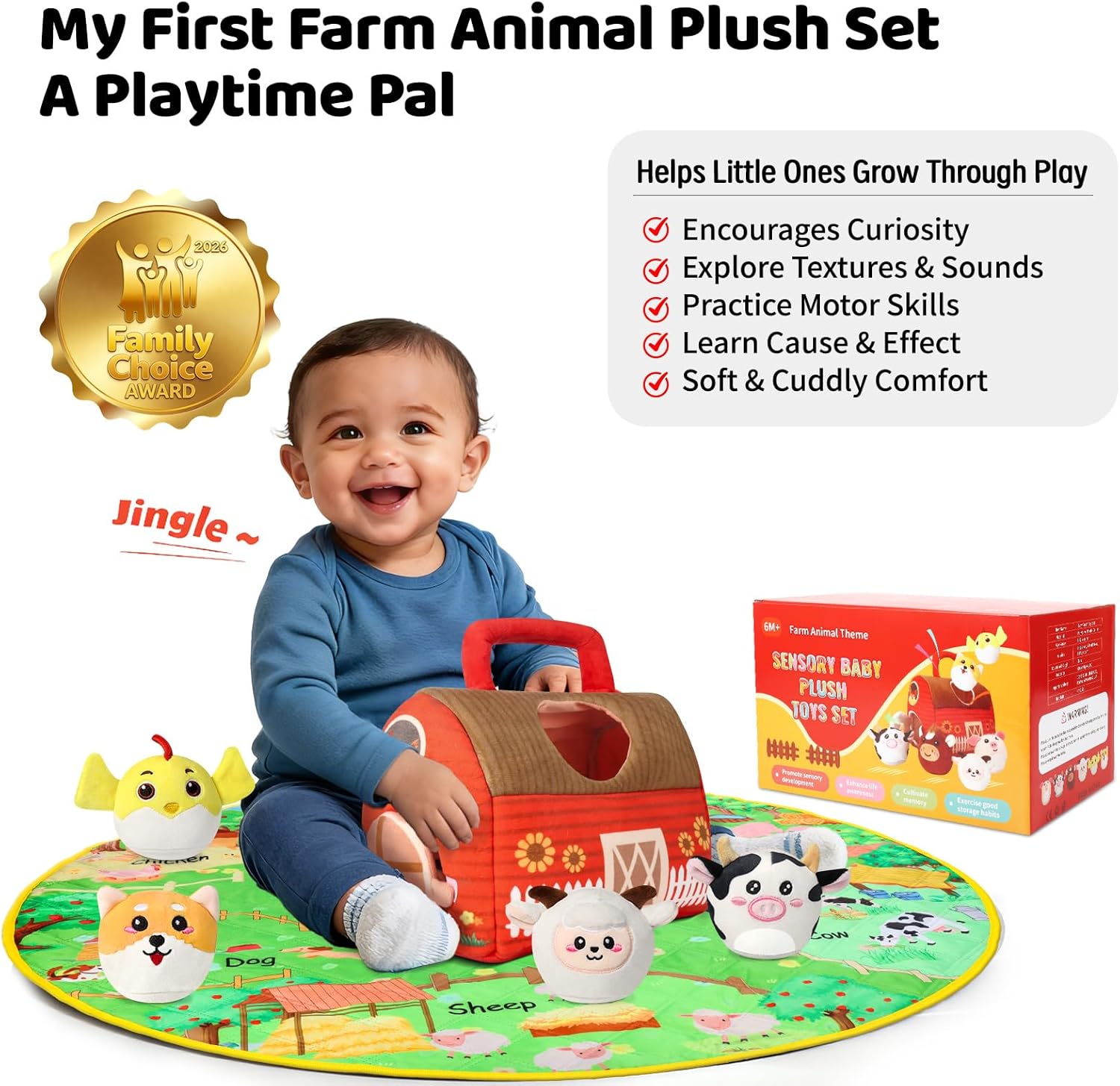 Farm Animal Toys for 1 2 3 4 5 Year Old Toddlers – Plush Farm House Playset with Barn, 6 Soft Farm Animals & Large Play Mat – Farm Toys for Toddlers 1–3 Baby Easter Basket Stuffers