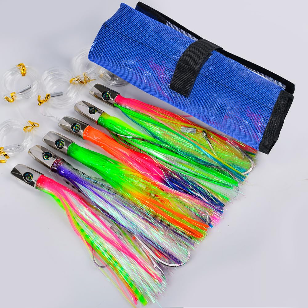Angelköder für Tiefseefischen, Salzwasser, für Marlin, Thunfisch, Wahoo, Mahi, Delphin, 15,2–22,9 cm, 6-teiliges Köder-Set mit Netztasche