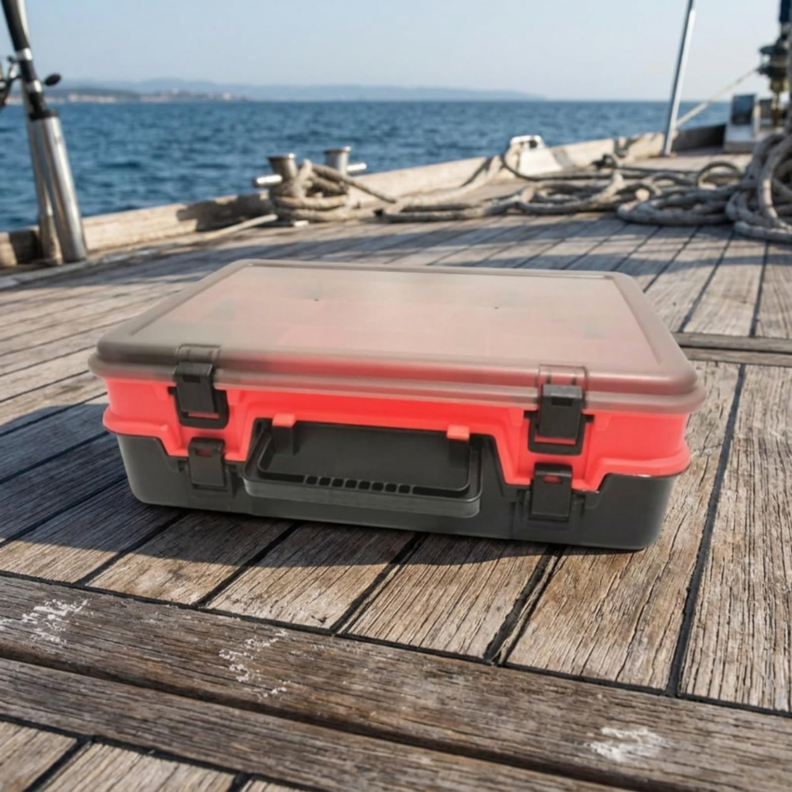 Amagogo Estuche Pesca Resistente con Tapa Transparente y Dos Niveles para Guardar Señuelos Anzuelos y Pesca con Cierre y Asa Acuada para Organizar Utensilios Pesca en Viajes, Negro