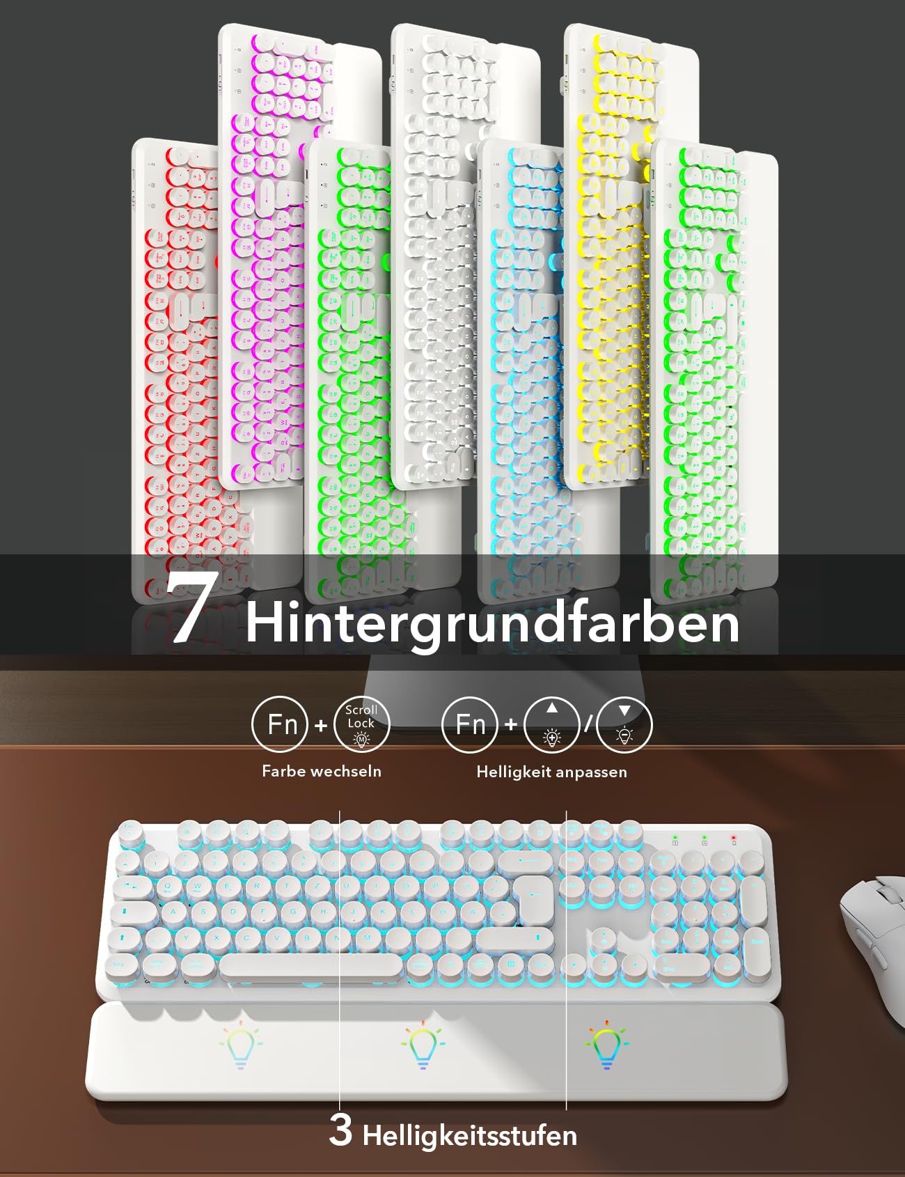 Sablute Tastatur Maus Set Kabellos QWERTZ mit beleuchteten Rundtasten | 105 Tasten, 7 Lichtfarben, magnetische Handballenauflage, USB-C aufladbar, 2,4 GHz USB Empfänger, 6-Tasten-Maus