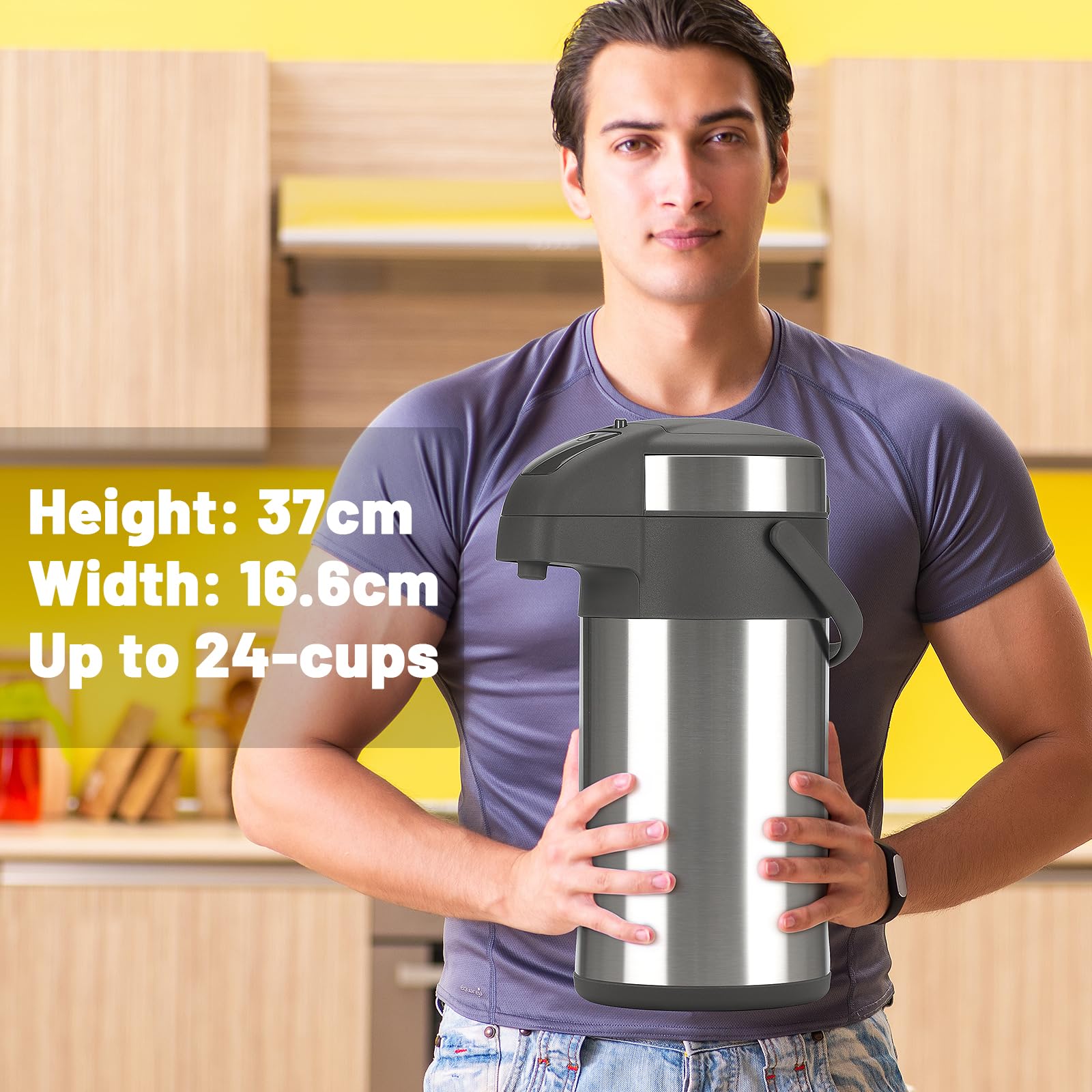 4,0 Liter Pumpkannen Thermoskannen Kaffeespender, Edelstahl Doppelwandige Pump Vakuum Isolierkanne mit Pumpmechanismus, Kaffeekaraffe, Kanne für 24 Tassen (Silber)