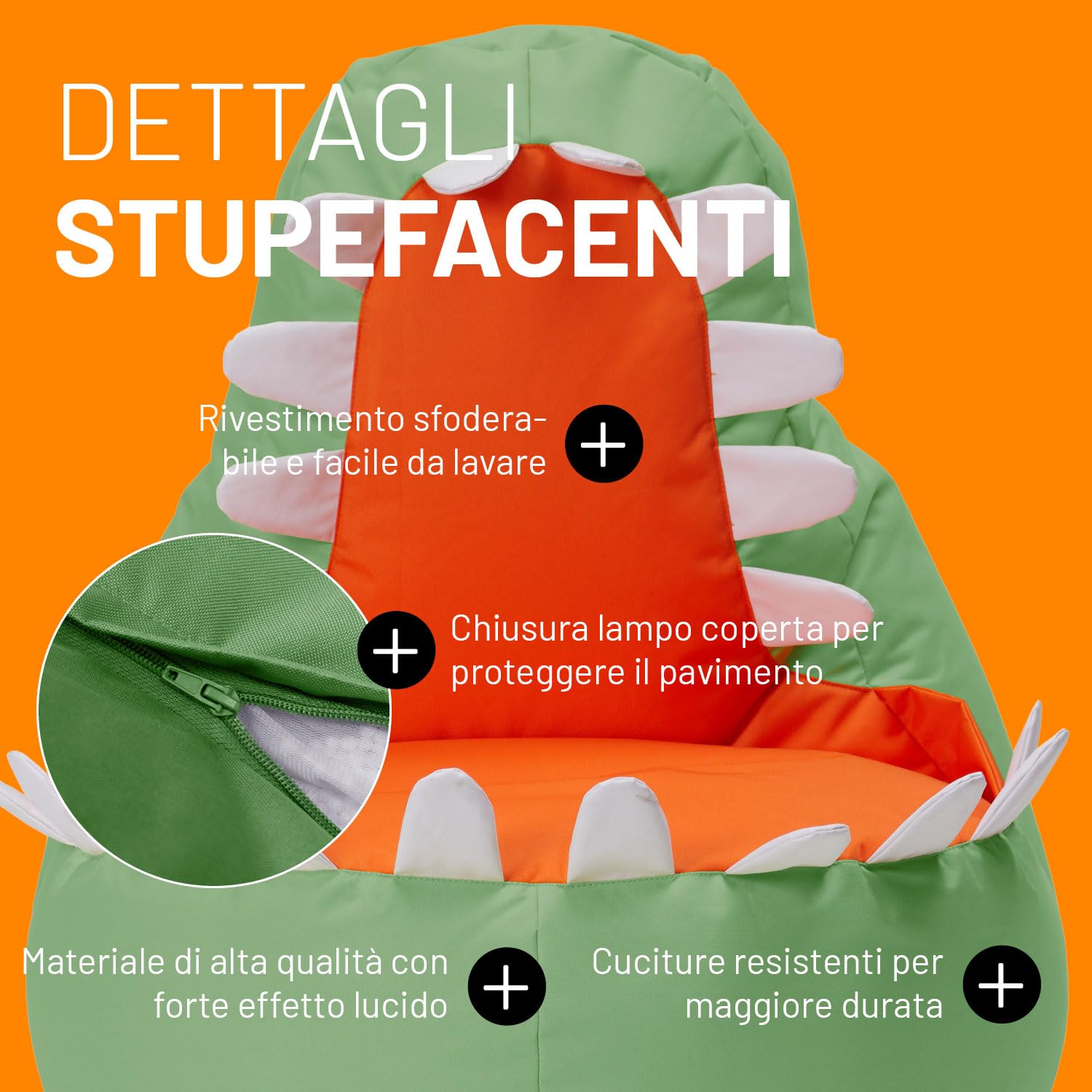 Lumaland Pouf Dino Animal Design | Pouf per interni ed esterni per bambini | Combinabile con gli amici di Animal Line | 90 x 90 x 70 cm [verde]