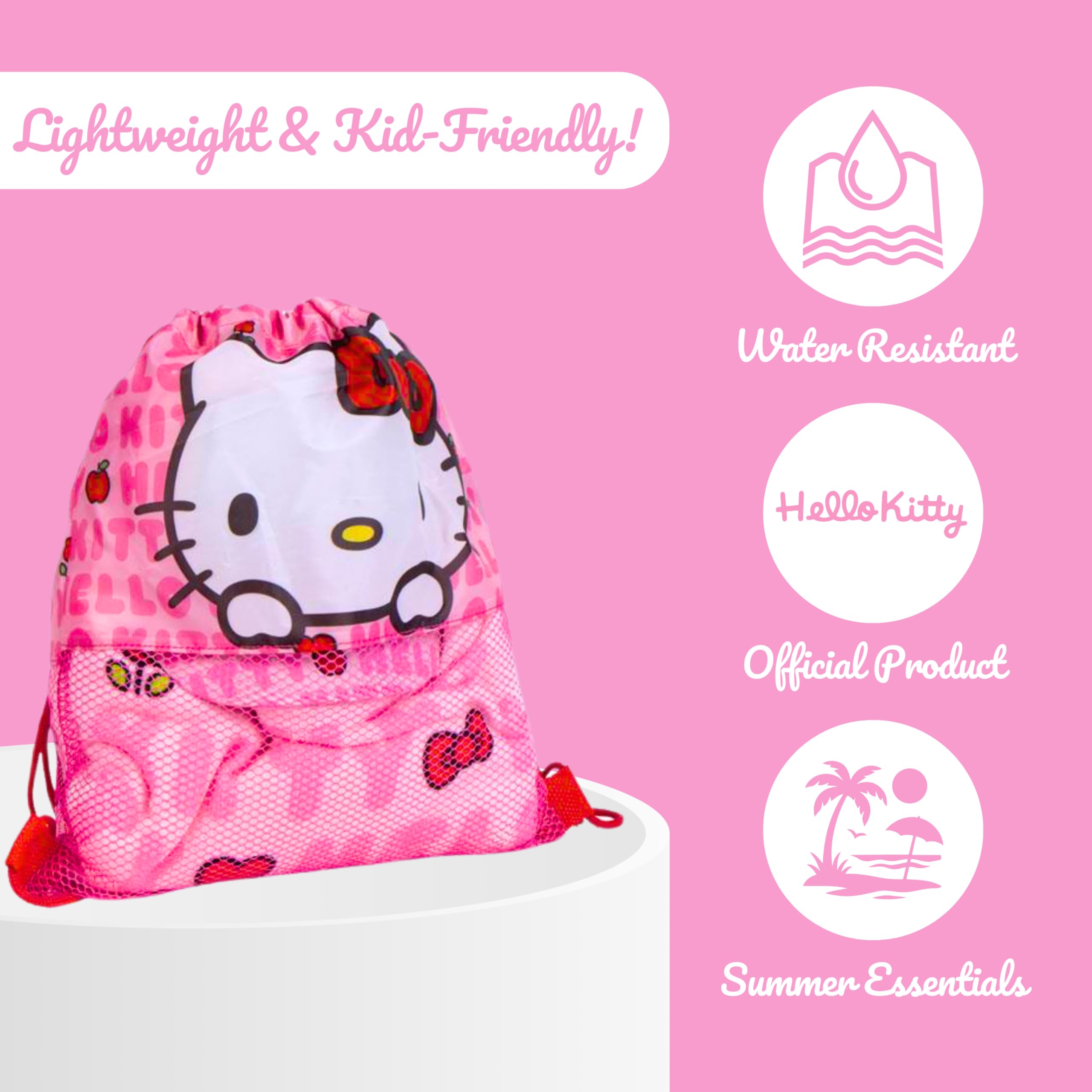 Hello Kitty Gorra de Beisbol Toalla y Mochila Saco Cordón, Set 3 Piezas Infantil, Regalo de Verano Playa Piscina Excursiones para Niñas