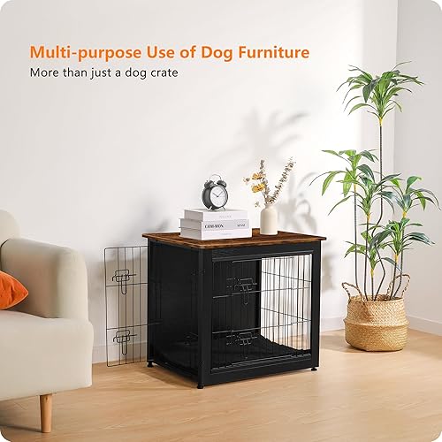 Vista 239 de DWANTON Mueble de jaula para perros con cojín, caja de madera para perros con puertas dobles, muebles para perros, perrera de interior, mesa Negro