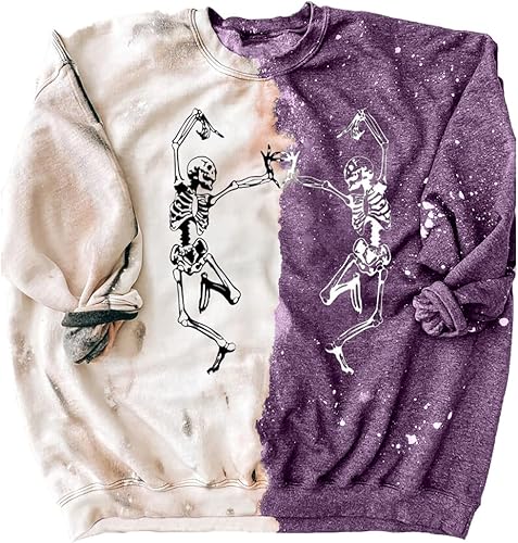 Miniatura 1 de QIANRUO Dancing Skeletons - Sudadera blanqueada para mujer, estilo vintage, Halloween, esqueleto, casual, holgada, cuello redondo, sin botones