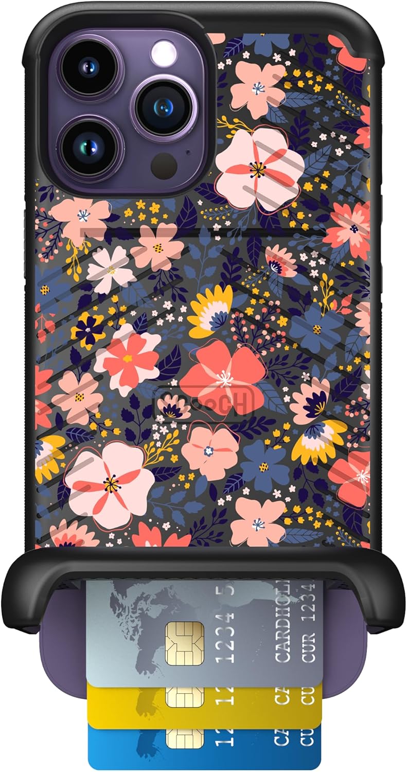 Scooch for iPhone 14 Pro Max Case with Card Holder, Wingmate Wallet Case with Hidden Card Slot and RFID Protection for up to 4 Cards, 10-Foot Drop Protection, Wildflowers