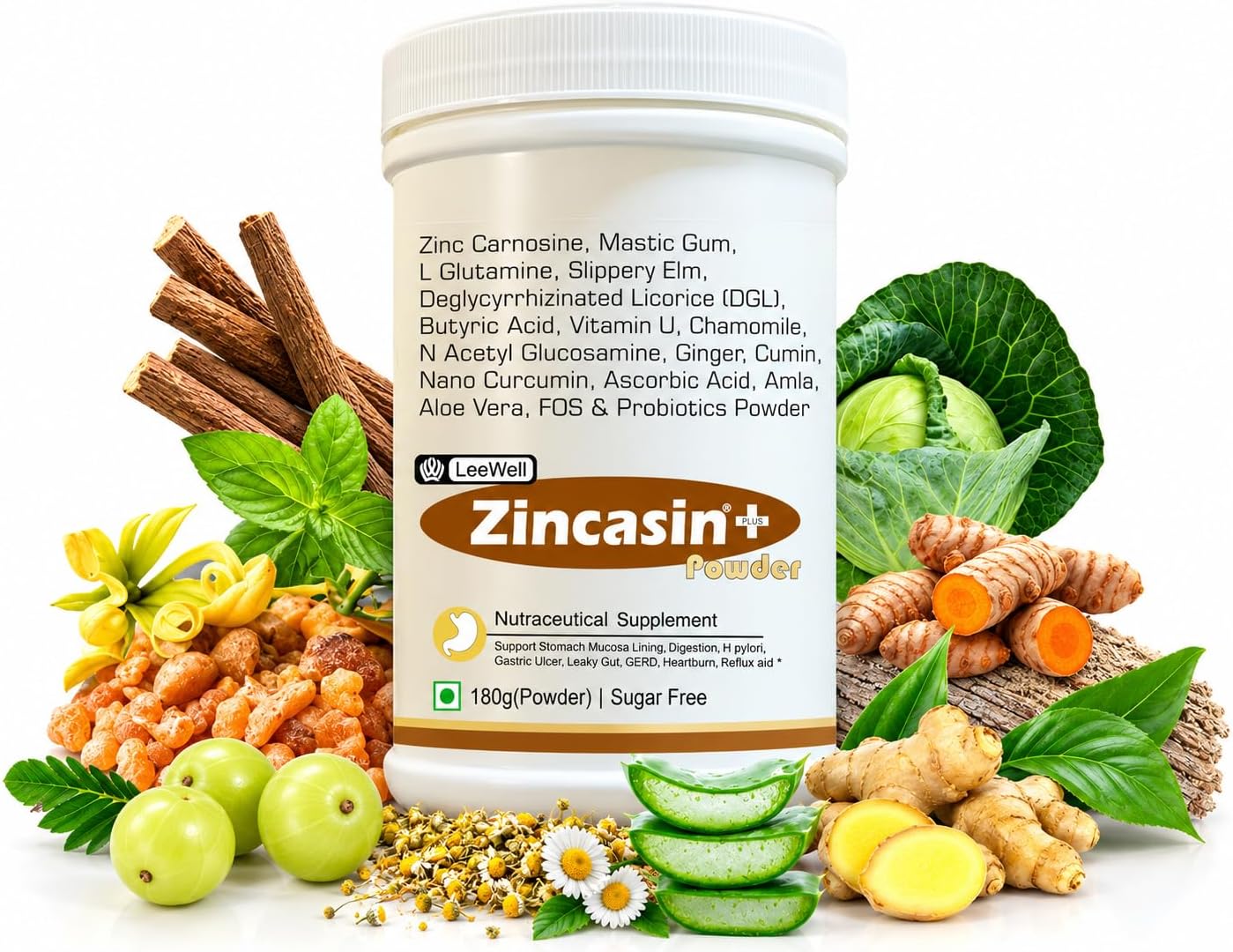 Zincasin Plus (LeeWell) L-Glutamine Powder | Leaky Gut Repair Supplement | Zinc Carnosine, Aloe vera, Mastic Gum, DGL Licorice, Vitamin U, Slippery Elm, Butyric Acid, Probiotics | Gastric Protection, Ulcer, Acid Reflux, H. pylori, Digestive Support -180 grams