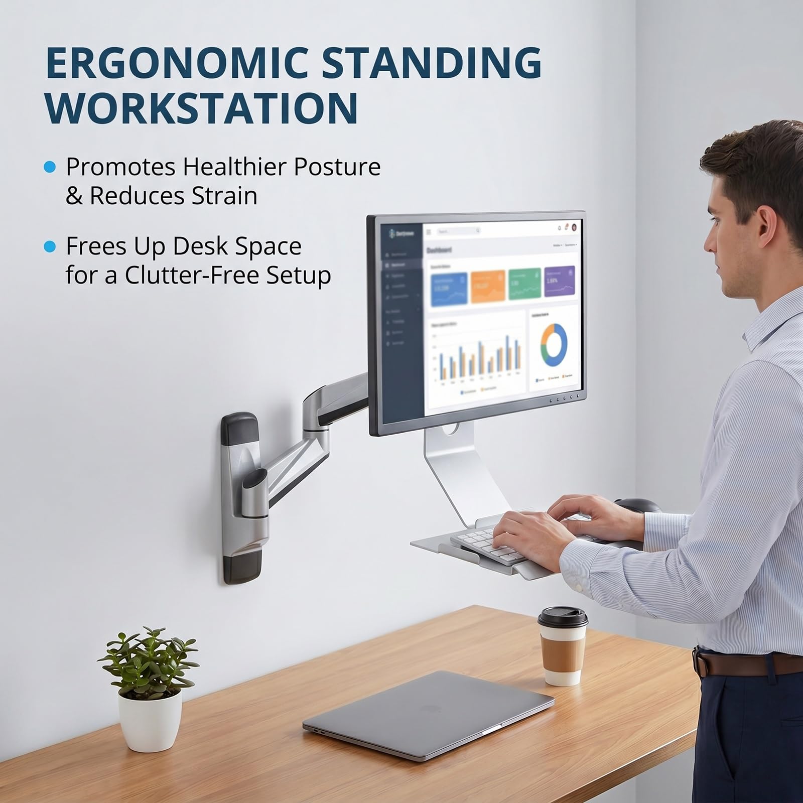 Postazione di lavoro a parete pieghevole per monitor e tastiera, supporto meccanico regolabile con rotazione a 360° e ripiano tastiera, compatibile con monitor da 15-27 pollici(Black,60x21cm)